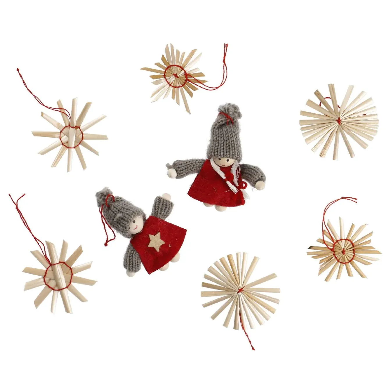 Clearance 16er Set Strohanhänger Mädchen/Sterne, Rot/grau Weihnachtsbaumschmuck|Weihnachtsdeko