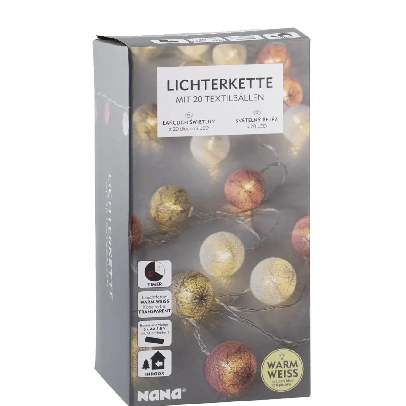 Best Lichterkette Textilball, Weiß/grau/pink, 20 LED's Raumdeko Hochzeit|Hochzeitsdeko